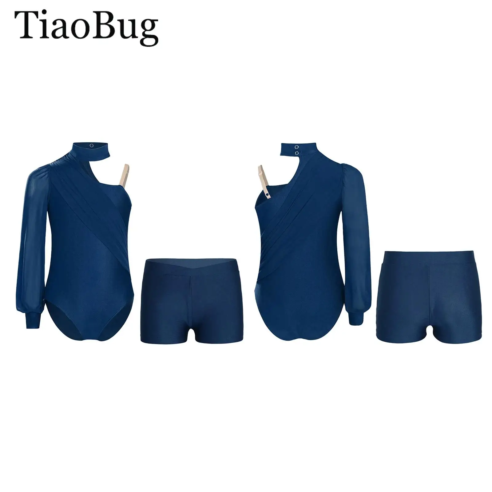 

Girls Figure Skating Gymnastics Dance Outfit One Shoulder Long Sleeve Ruched Mesh Leotard Bodysuits +Shorts Ballet Jersey