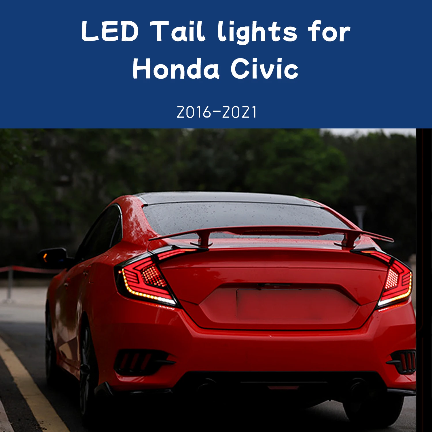 HCMOTIONZ Rear Lights for Honda Civic 2016-2021 Sedan Car LED Back Lamps Assembly DRL Start up Animation
