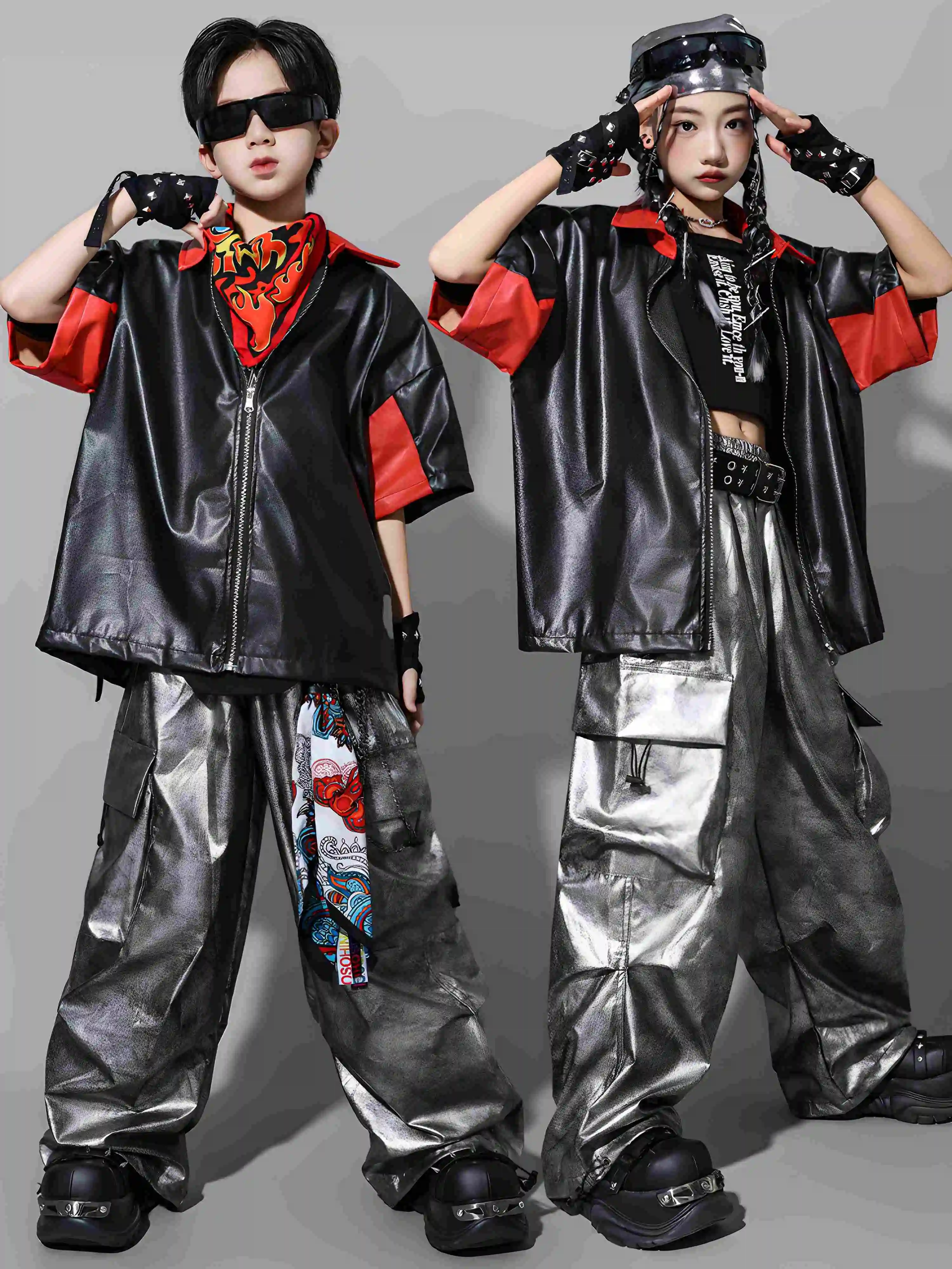 

Крутые черные кожаные топы для танцев в стиле хип-хоп, серебряные брюки, детский костюм для джазовых танцев, уличная одежда для мальчиков, одежда для сценических выступлений для девочек L16401