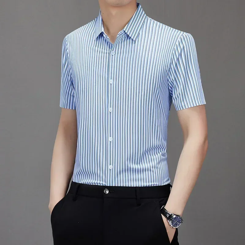 

Lapel Men's Casual Seamless Short-sleeved Striped Shirts Custom Suit Shirts for Men