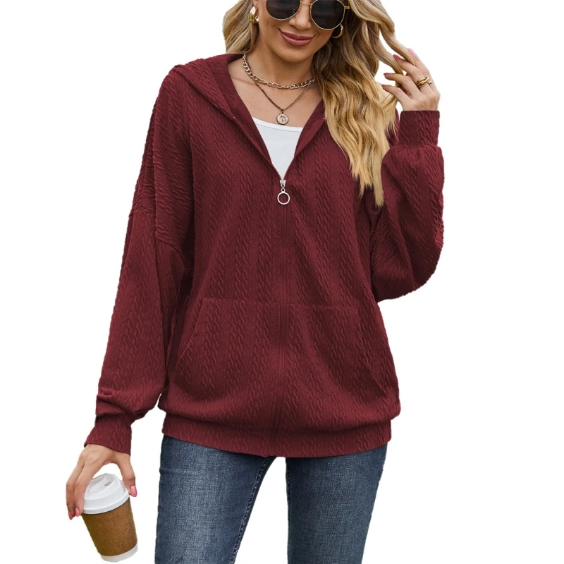 

Womens Hooded Drawstring Sweatshirts Zipper Loose Hoodie Zip Up Hooded Coat Outwear Casual Long Sleeve Tops 517D