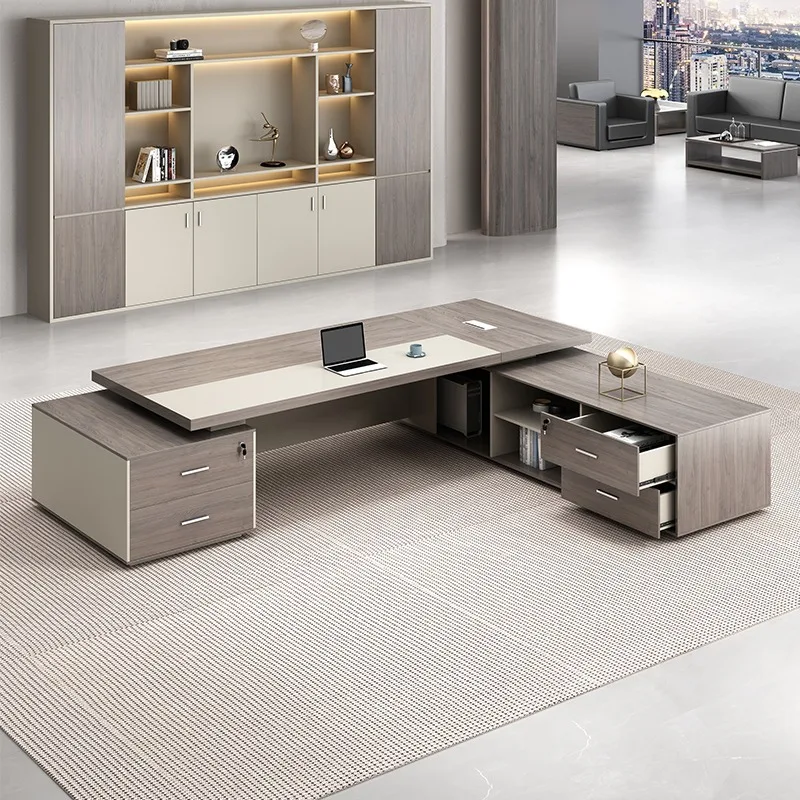 طاولة مشرف مدير الرئيس الحديثة الفاخرة أثاث مكتبي واحد مكاتب كمبيوتر على شكل حرف L مع أدراج وكرسي #4