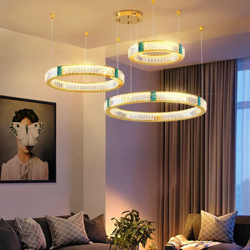 Moderna sala de estar lustre teto redondo cristal dourado luxo brilhante controle remoto escurecimento luz led lustre luxo