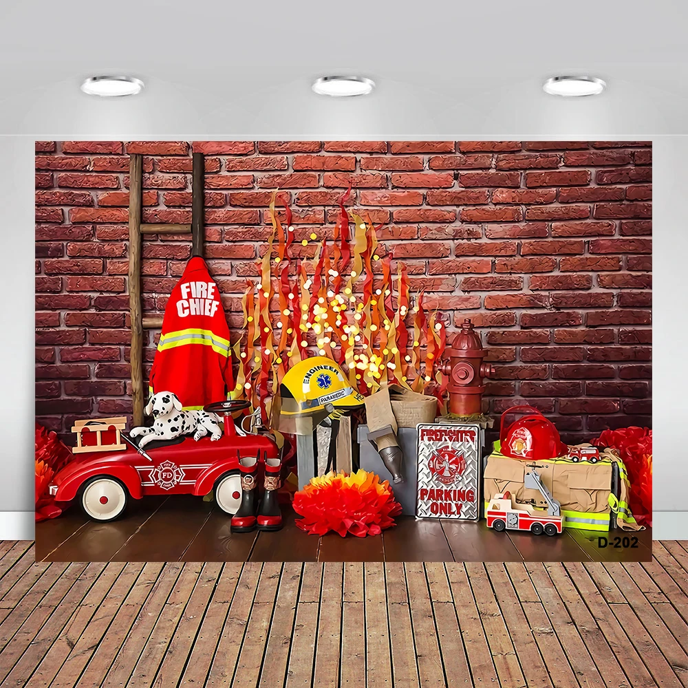 

Firefighter Kids Birthday Party Backdrop Fireman Car Photography Background Boy Portrait Brick Wall Decor Photo Studio