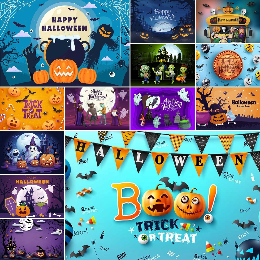 

MOON.QG Halloween Trick Or Treat Banner Backdrop Pumpkin Zombie Castle Bats Background Photography Baby Party Celebration Photo