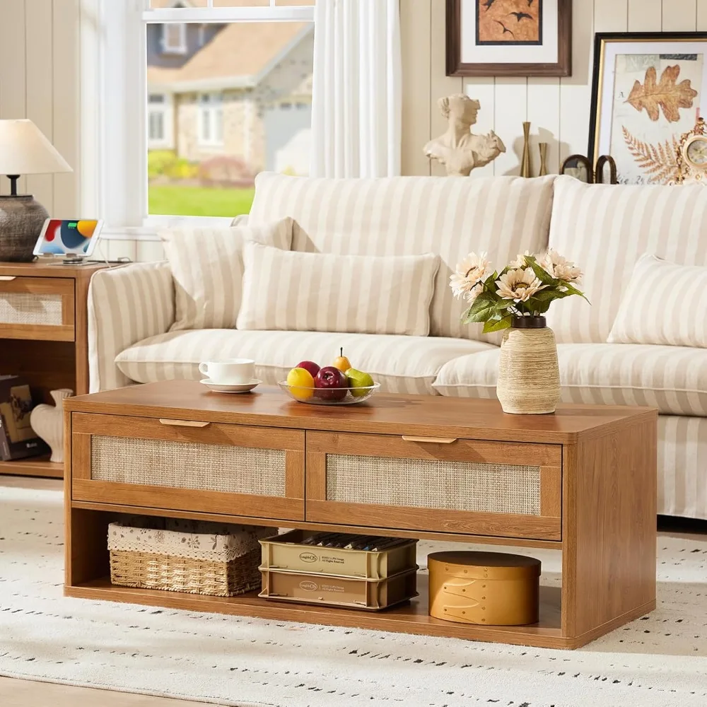 48" Farmhouse Boho Rattan Coffee Table with 2 Woven Drawers,Rectangular Coffee Tables with Hidden Storage Compartment,C