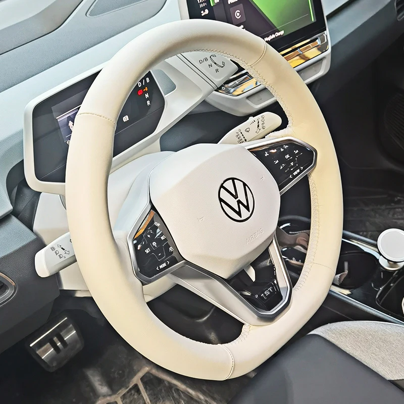 Customized Ultra-thin Non-slip Beige Leather Steering Wheel Cover for Volkswagen Passat B8 VW Golf 8 2019-2022 DIY Car Interior