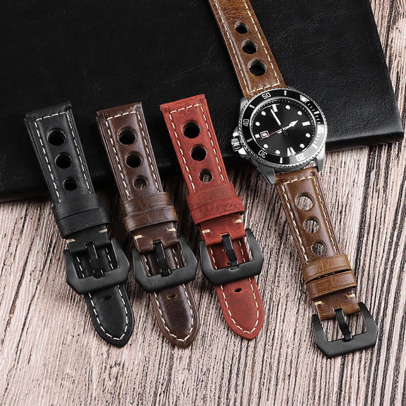 Genuine Leather Watchbands For Rolex Cowhide Breathable Holes Watch Strap Vintage Men Bracelets 20mm 22mm 24mm Watch Accessories