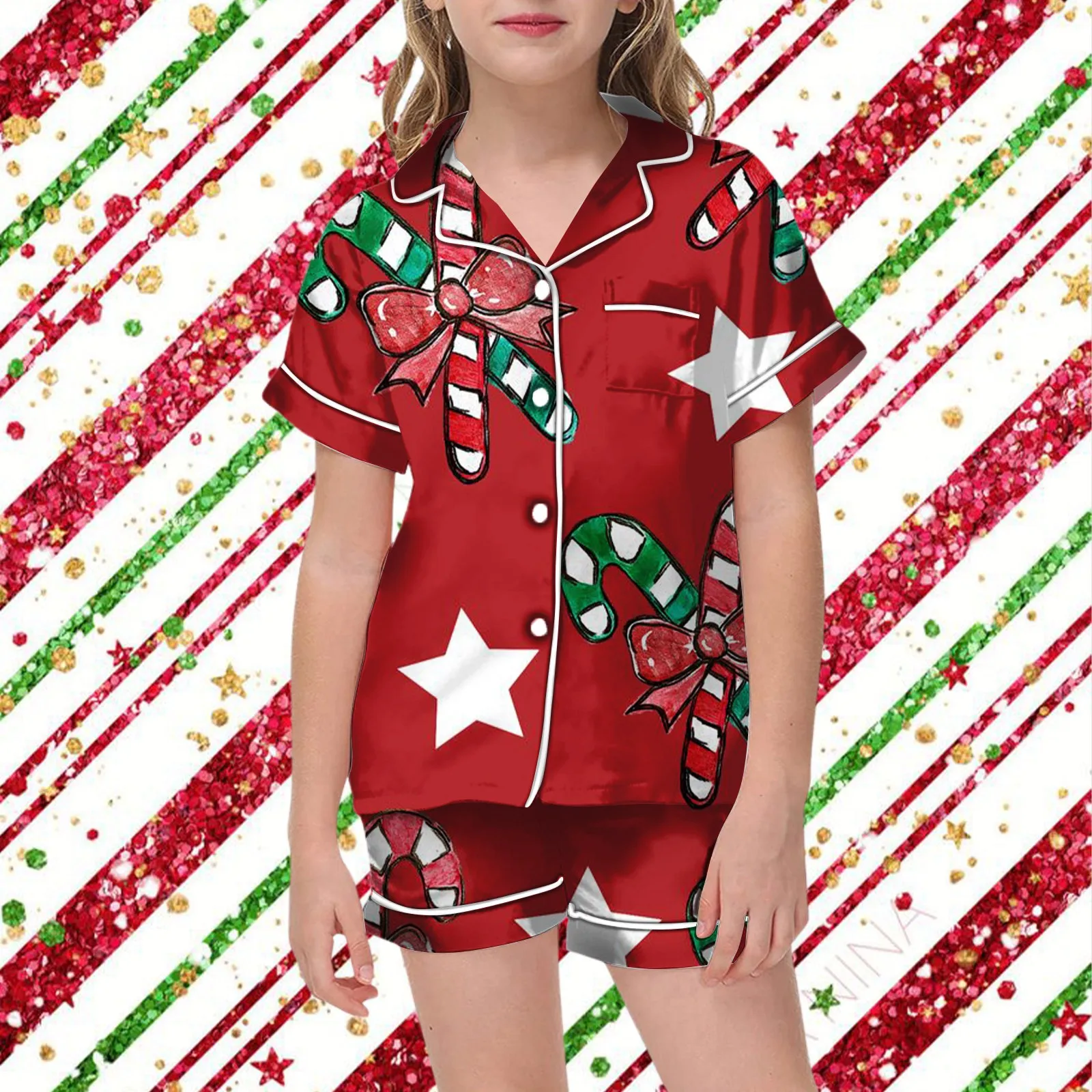 Christmas Satin Pajama 2 Pieces Set Baby Girls Christmas Bow Print Short Sleeve Button Closure Top With Shorts Sleepwear Outfits