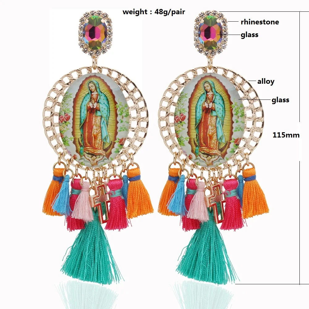 BohemiaY2K Cross Jesus Earrings Dangle Colorful Long Tassel Glass Earring For Woman Large Brinco Ear Exaggeration Female Gift