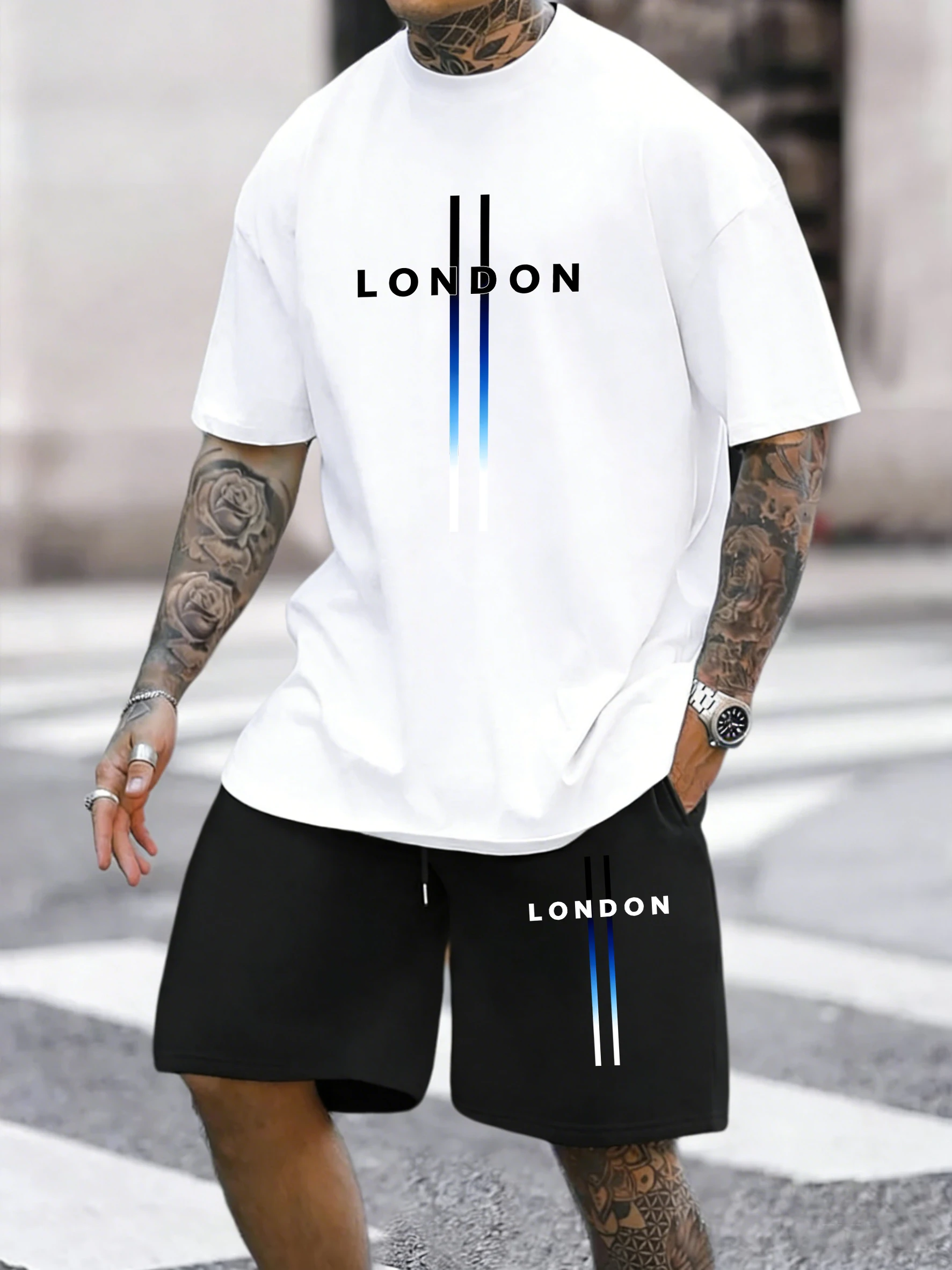 

London Letter Simple Design Cotton Summer Breathable Tops Sets Man Basics Jogging Cool Sportpants Crewneck Comfortable T Shirt