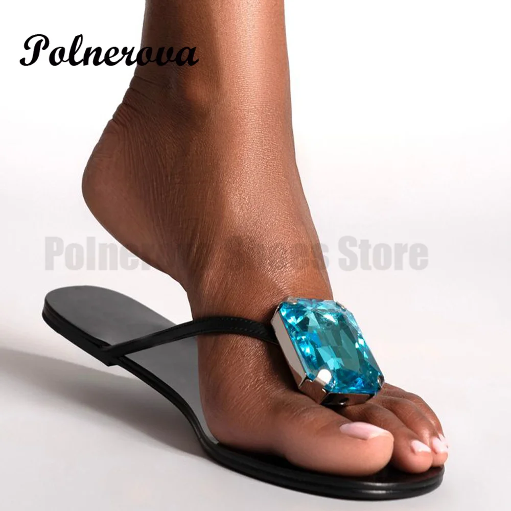Blue Large Jewel Flat Sandals Round Open Toe Mules Slippers Women Shoes Summer Falt Flip Flops Sandalias De Mujer Verano