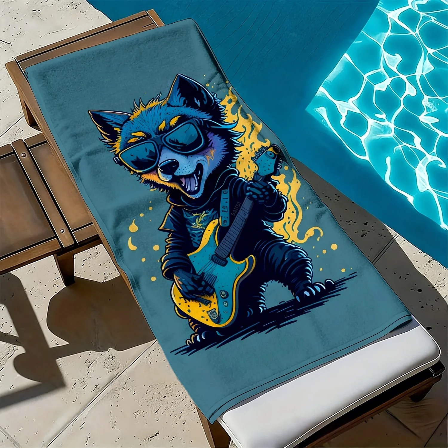 Rock cartoon cool flames guitar pattern polyester microfiber beach towel is highly absorbent, suitable swimming beach outings