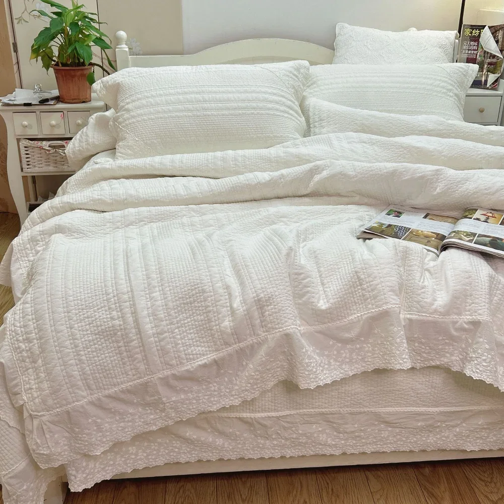 Luxury Ultra Soft 100% Cotton Quilted Bedspread Set 3pc, Lace Embroidery Bali Voile Duvet Cover, Solid Elegant Bed Coverlet