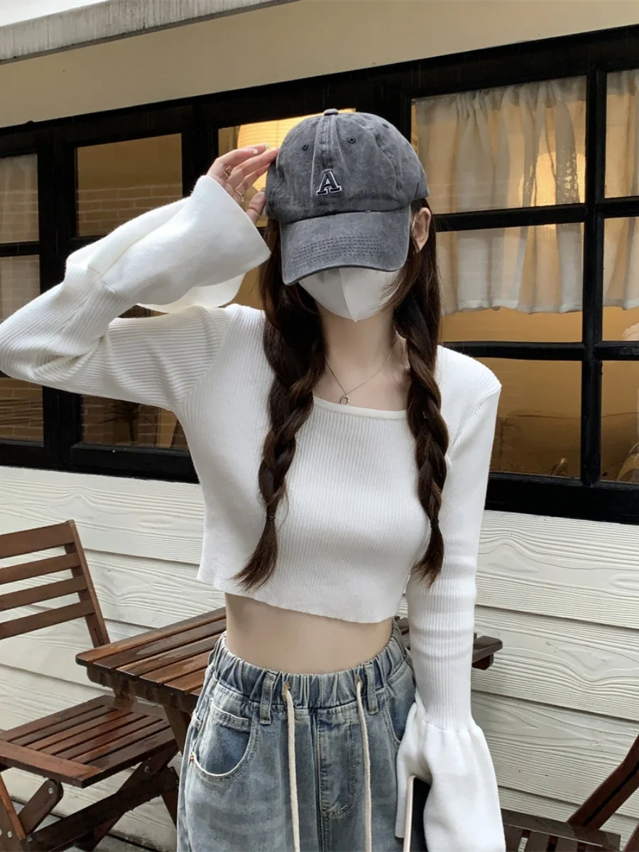 Women's Knitted Sweater with Drawstring High Waist Bell Sleeve Square Collar Short Style Inner Wear Top for Autumn Winter view 3