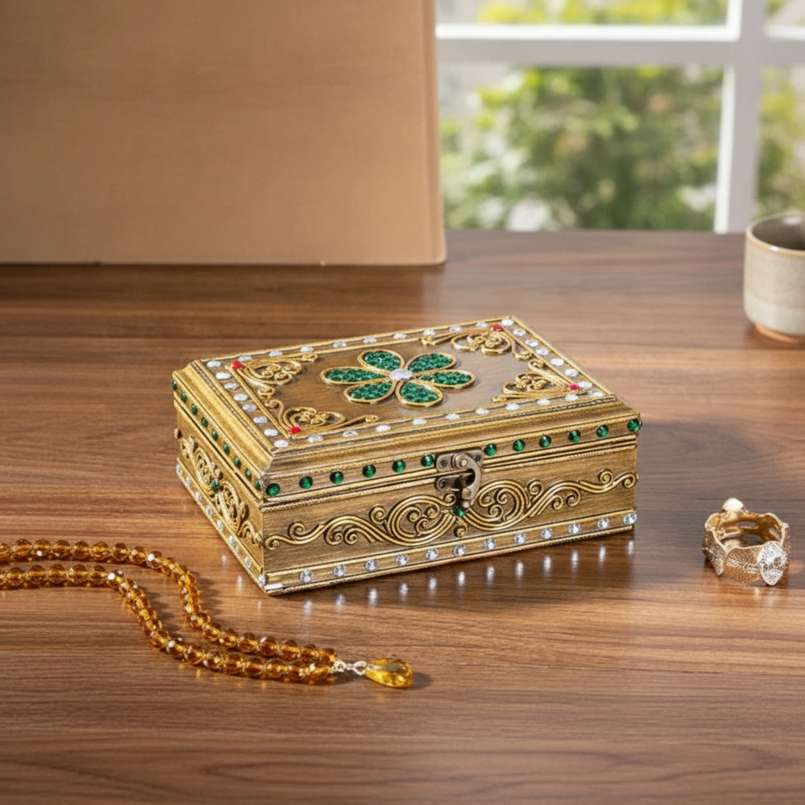 Carved Jewelry Box with Latch Artisanal Look Wooden Jewelry Box with Mirror Secure Compact for Women, Vanity, Dresser