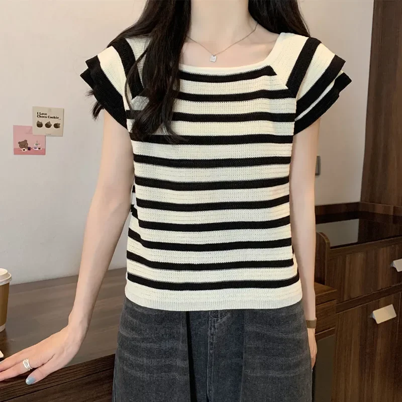 

New All match striped square neck ice silk top for summer casual fashion short sleeved T-shirt sweet Generous top