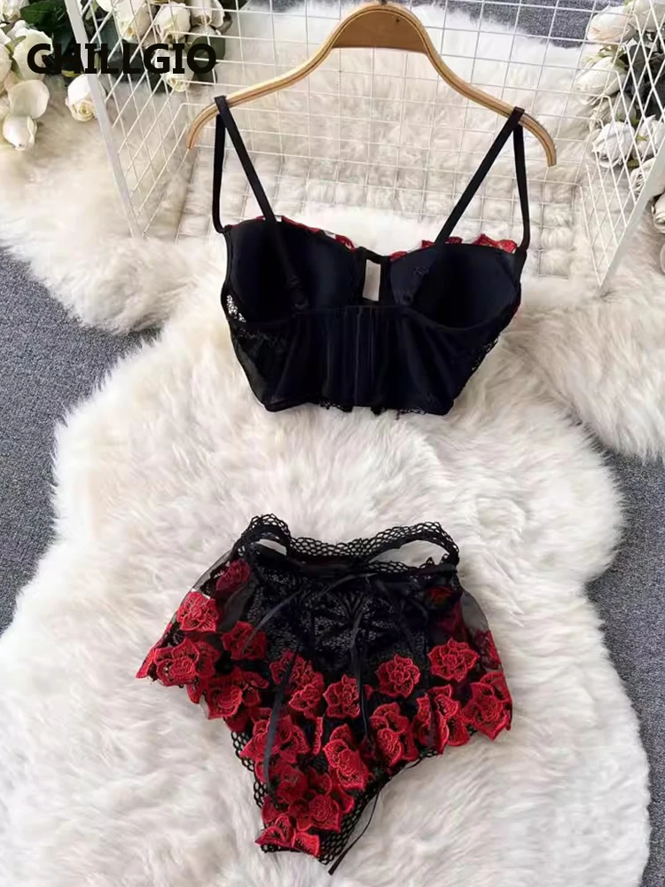 CHILLGIO Women Embroidery Floral Bra Brief Suits Vintage Tight Underwear Underwire Push Up Sexy Two Pieces Intimate Lingerie Set