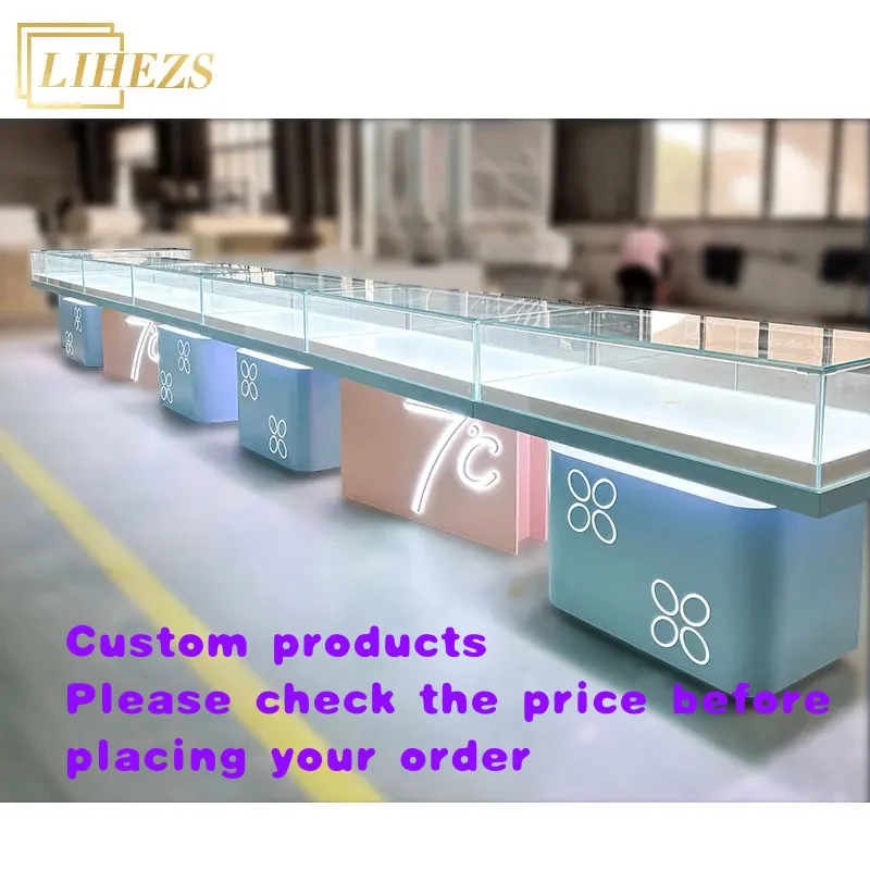 custom.Professional Stainless Steel Glass Jewelry Display Cabinet Customized Jewellery Showroom Counter LED's Furni