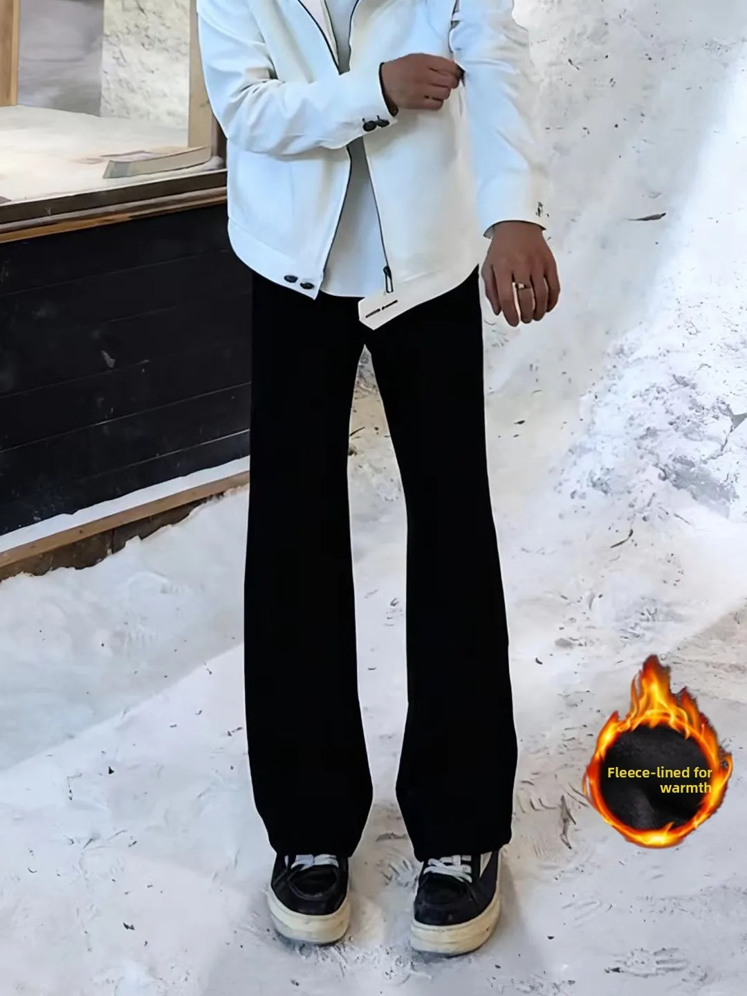 

Bla Fce Lined Casual Men's Trousers Flared Leggings Lengthening Effect Winter Straight Cut Pants Youth Faion Cool Sle