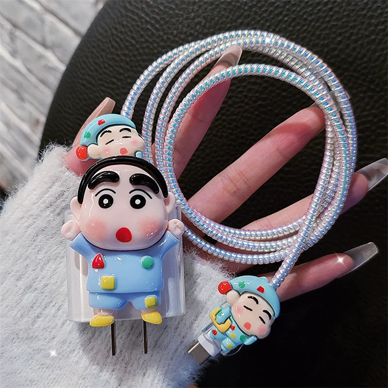 4pcs/set Crayon Shin-chan Data Cable Protective Case 20W for Iphone 15 14 Kawaii Cartoon Anti-fracture Charger Protective Case