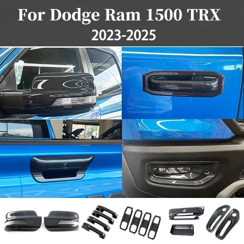 For Dodge Ram 1500 TRX 2023-2025 Carbon Fiber Grain Rearview Mirror Cover Door Handle Trim Car Body Decoration Accessories