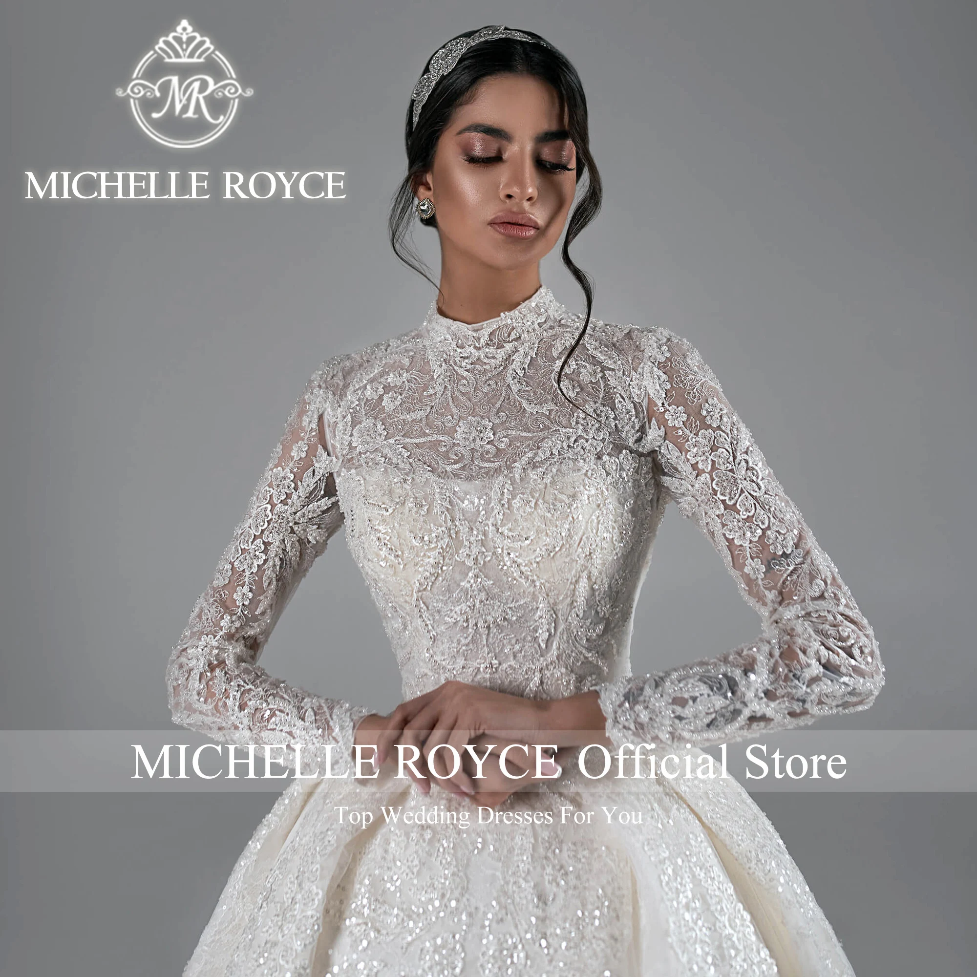 Michelle Royce Ball Gown Wedding Dress 2024 Extravagant HIGH Embroidery Sequined Sparkling Tulle Wedding Gown Vestidos De Novia