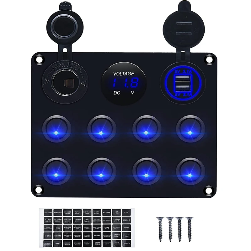 Blue Led Voltmeter For Car Rv Truck Atv Utv Camper Caravan Switch Toggle Panel Dual USB 12-24V 8 Sockets Marine Boat