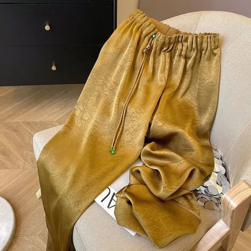 

New Chinese style elastic waisted casual wide leg pants for women pear shaped figure slimming straight leg pants