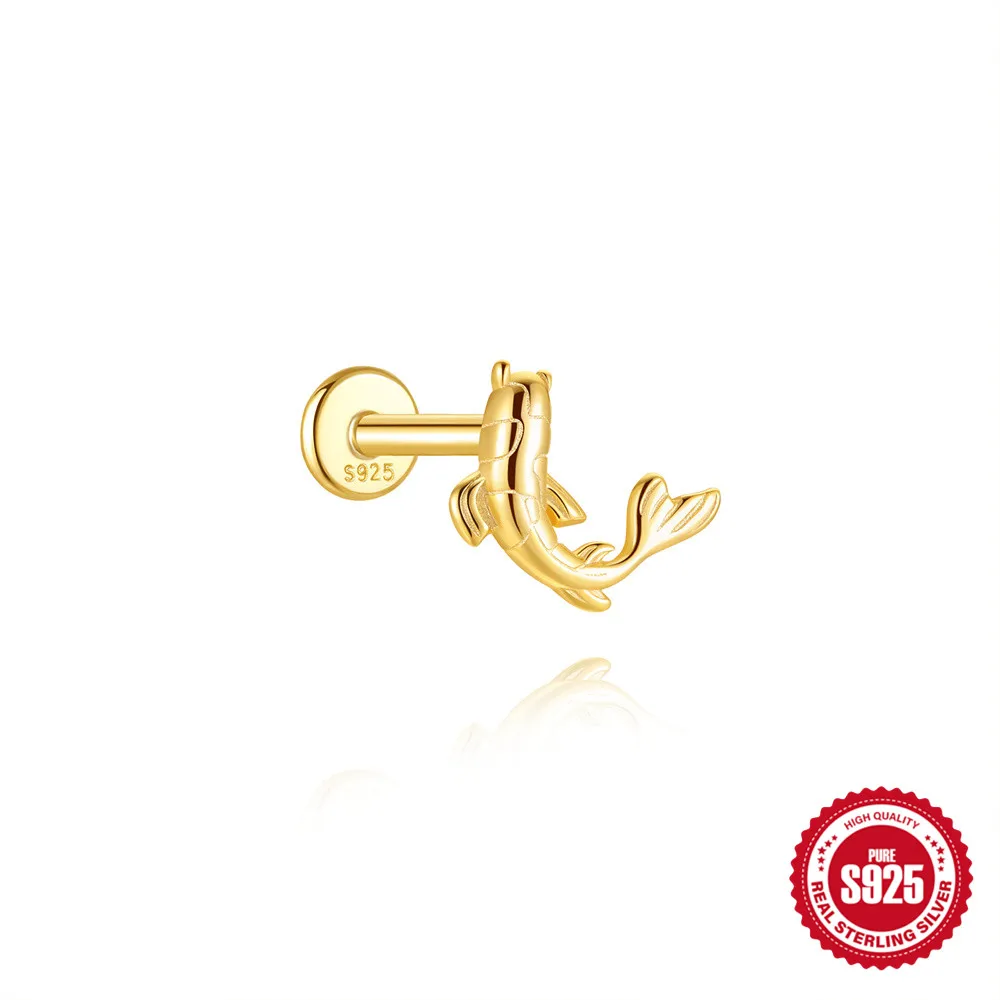 AIDE 1PC 925 Sterling Silber Glück Rot Koi Piercing Ohrring Für Frauen Geometrische Kette Zirkon Ohr Knochen Stud Ohrringe edlen Schmuck