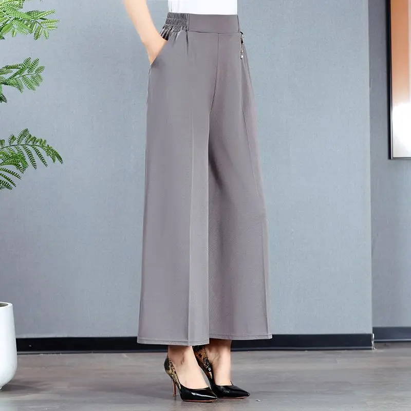 Korean Casual Summer Pants Women's Solid Elastic Waist Quick Drying Pockets Fashion High Waist Loose Wide Leg Ankle Trousers