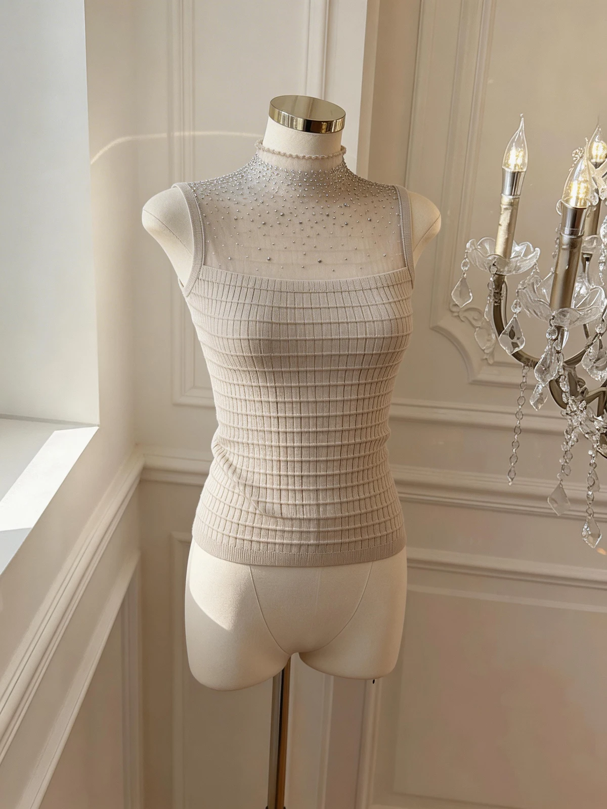 Women's Summer Elegant Diamonds Turtle Neck Sleeveless Knitted Top Lady Mesh Patchwork Solid Color Slim Top