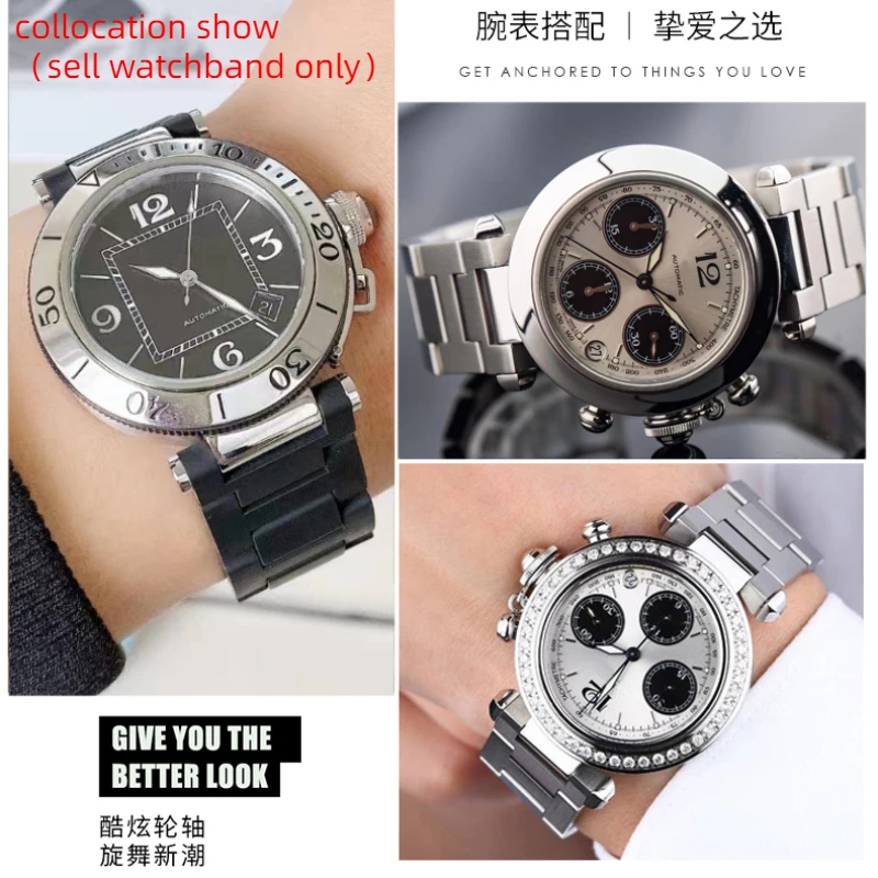 For Cartier PASHA series watch strap men  22mm notch 14 stainless steel Silver metal Watchband Folding Clasp bracelet Free screw