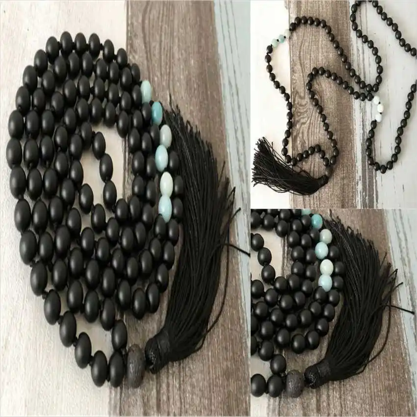 8mm Black Agate Gemstone 108 Beads Tassel Mala Necklace Pendant Relief Meditation Stone Rustic Opera length Men