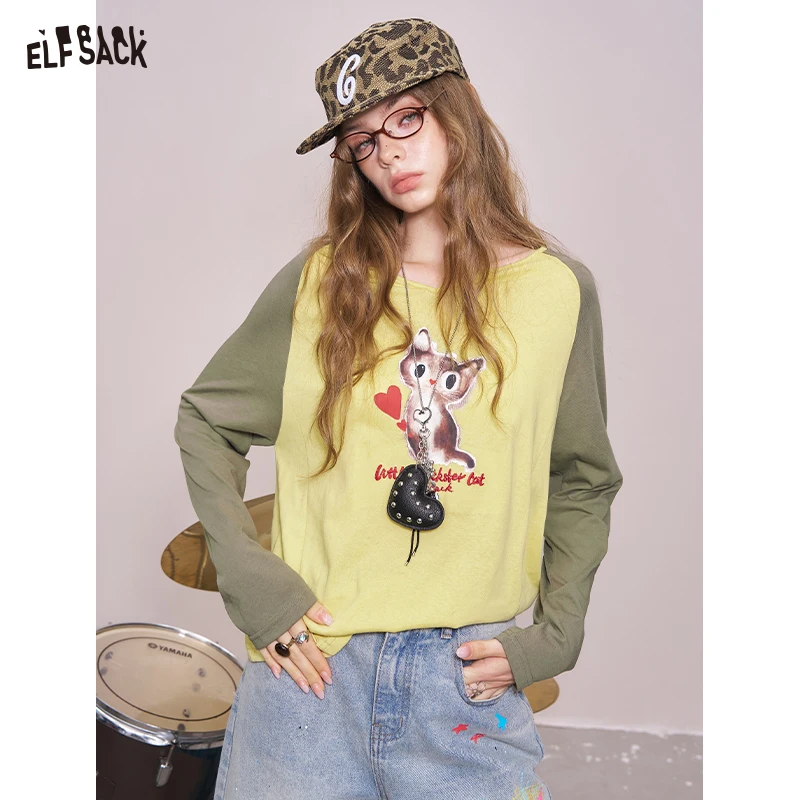 

ELFSACK 2025 Summer New Arrival Cool Casual Cartoon Print Long-Sleeved Graphic T-shirt For Woman