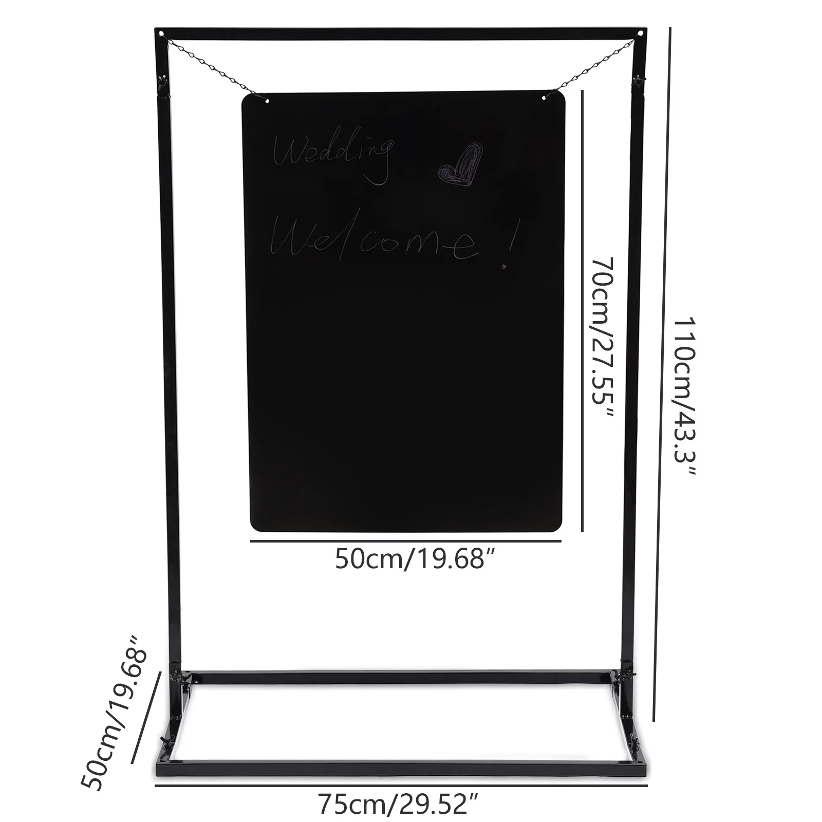 Black Wedding Sign-In Stand (75×50×110cm), 50×70cm Writeable Board, Iron Material—Hanging Design for Weddings/Parties