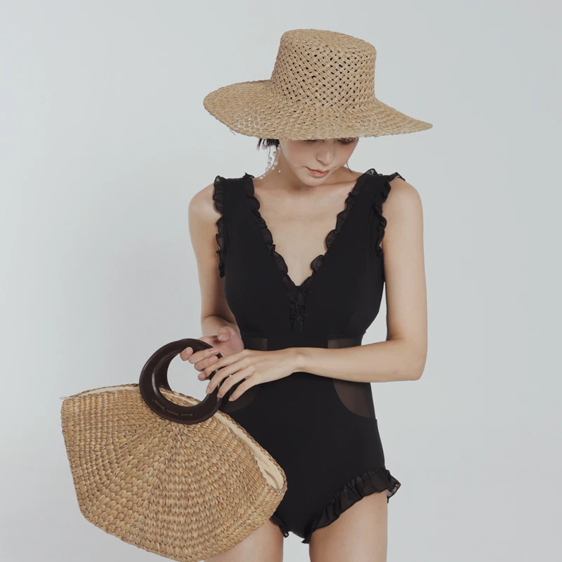 Temperamento Sexy cuello en V clásico negro Triangular de una pieza traje de baño Sexy verano niñas nuevo sin espalda hueco piscina playa traje de baño