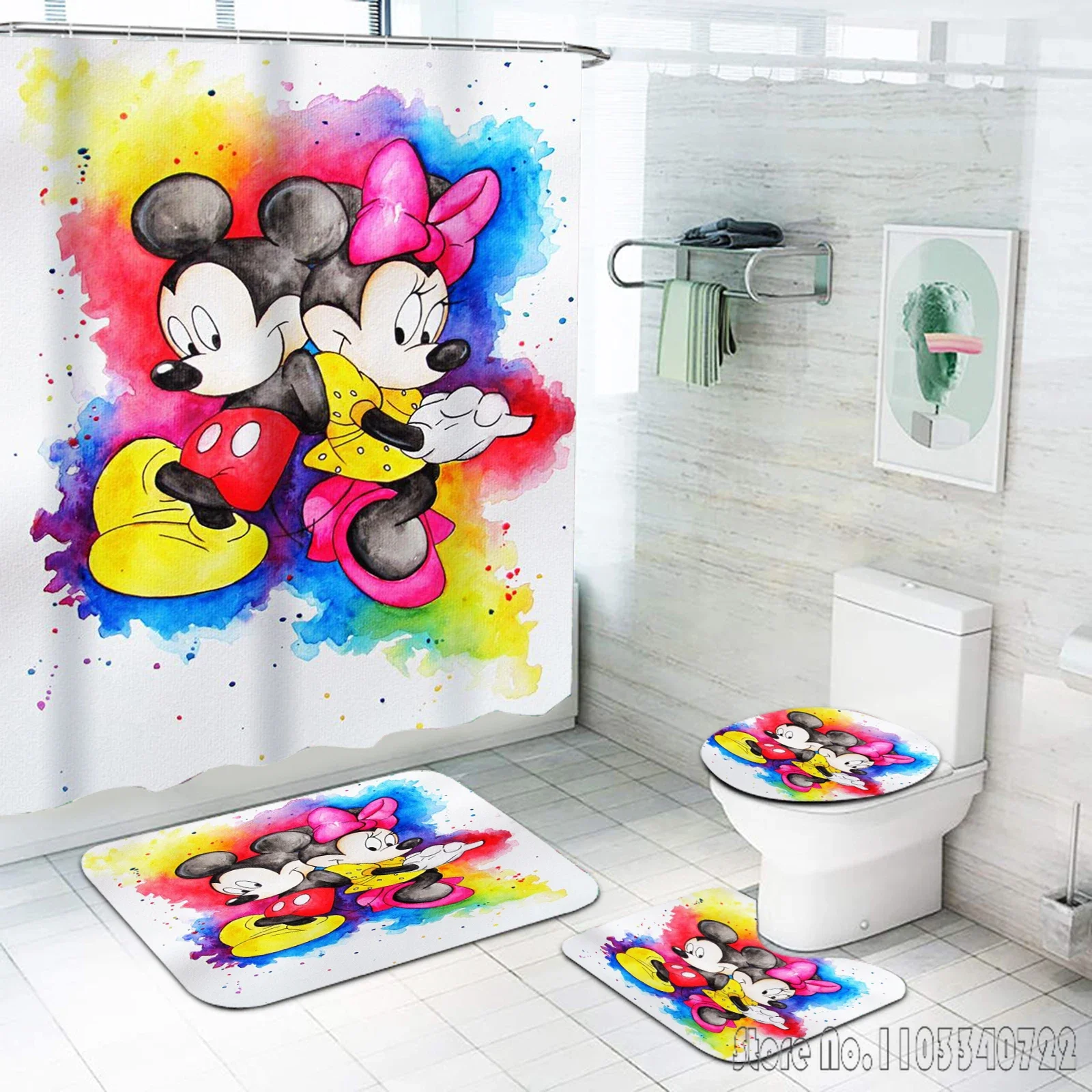 Disney Mickey Minnie Mouse Anime Bath Shower Curtain Set 4pcs with Hooks Waterproof Bathroom Toilet Mat Lid Decor