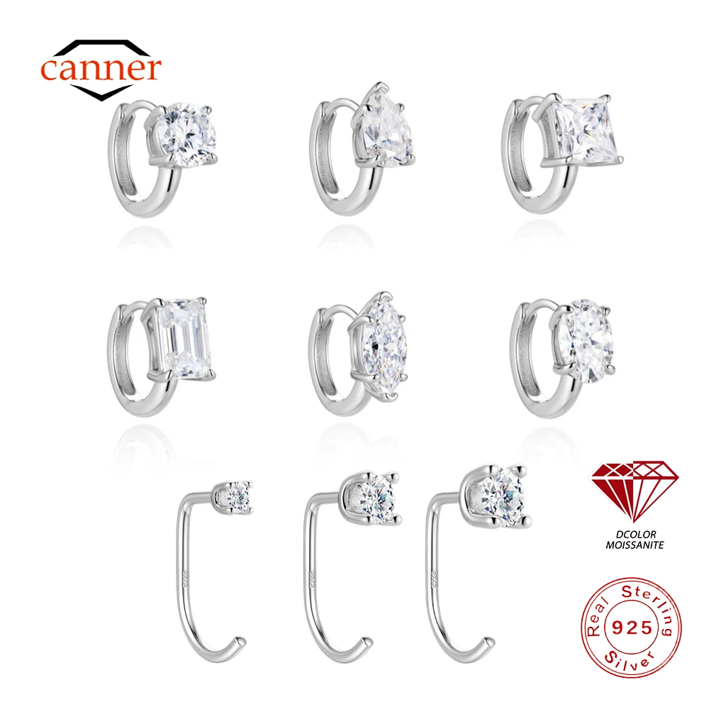 CANNER 1PC D Color VVS1 Oval/Square Cut Certified Moissanite 925 Sterling Silver Piercing Hoop Earrings Women Minimalist Jewelry
