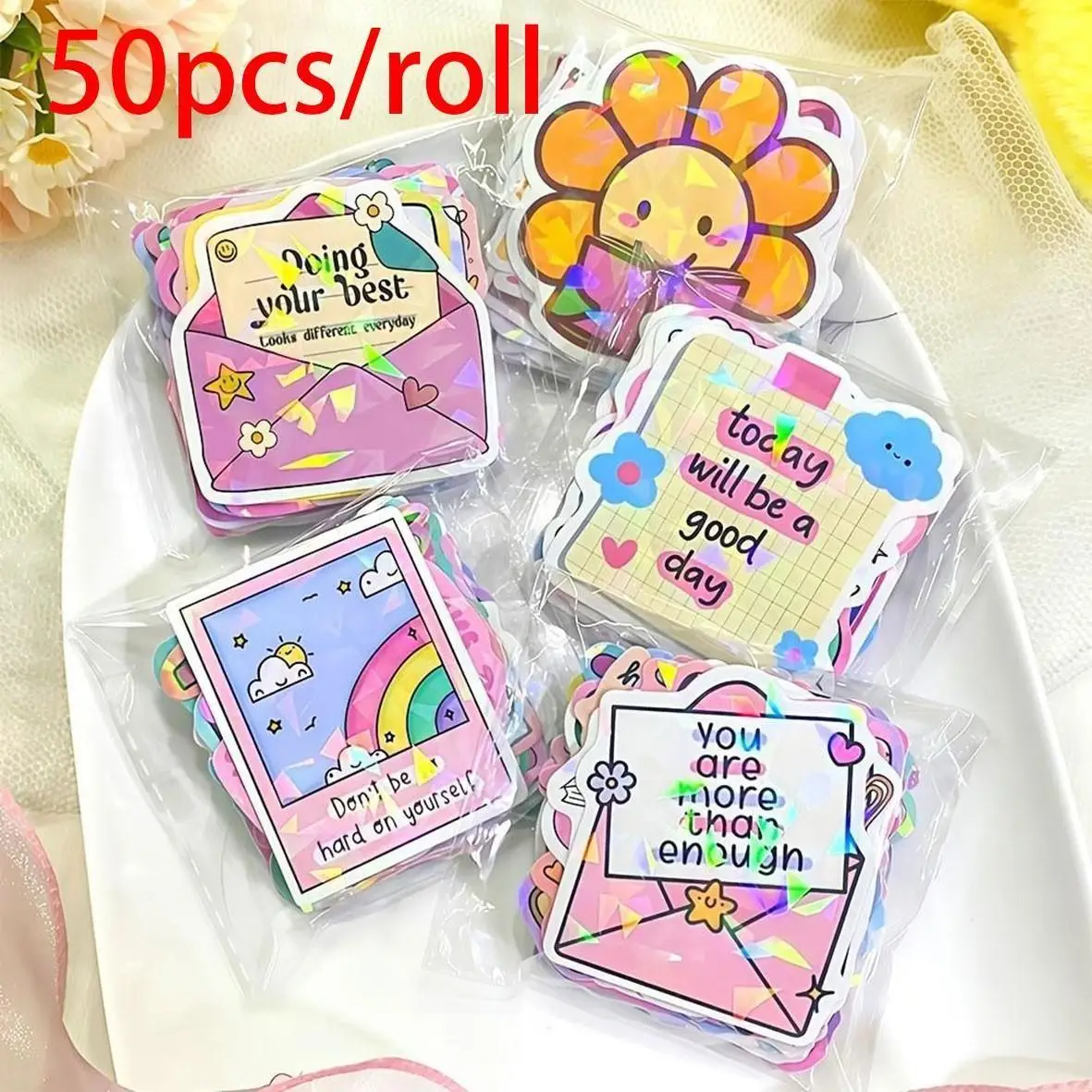 50 Holographic Shiny Stickers-Positive Motivational Word Glitter Stickers,Suitable for Laptop Decoration,E-Reader Accessories