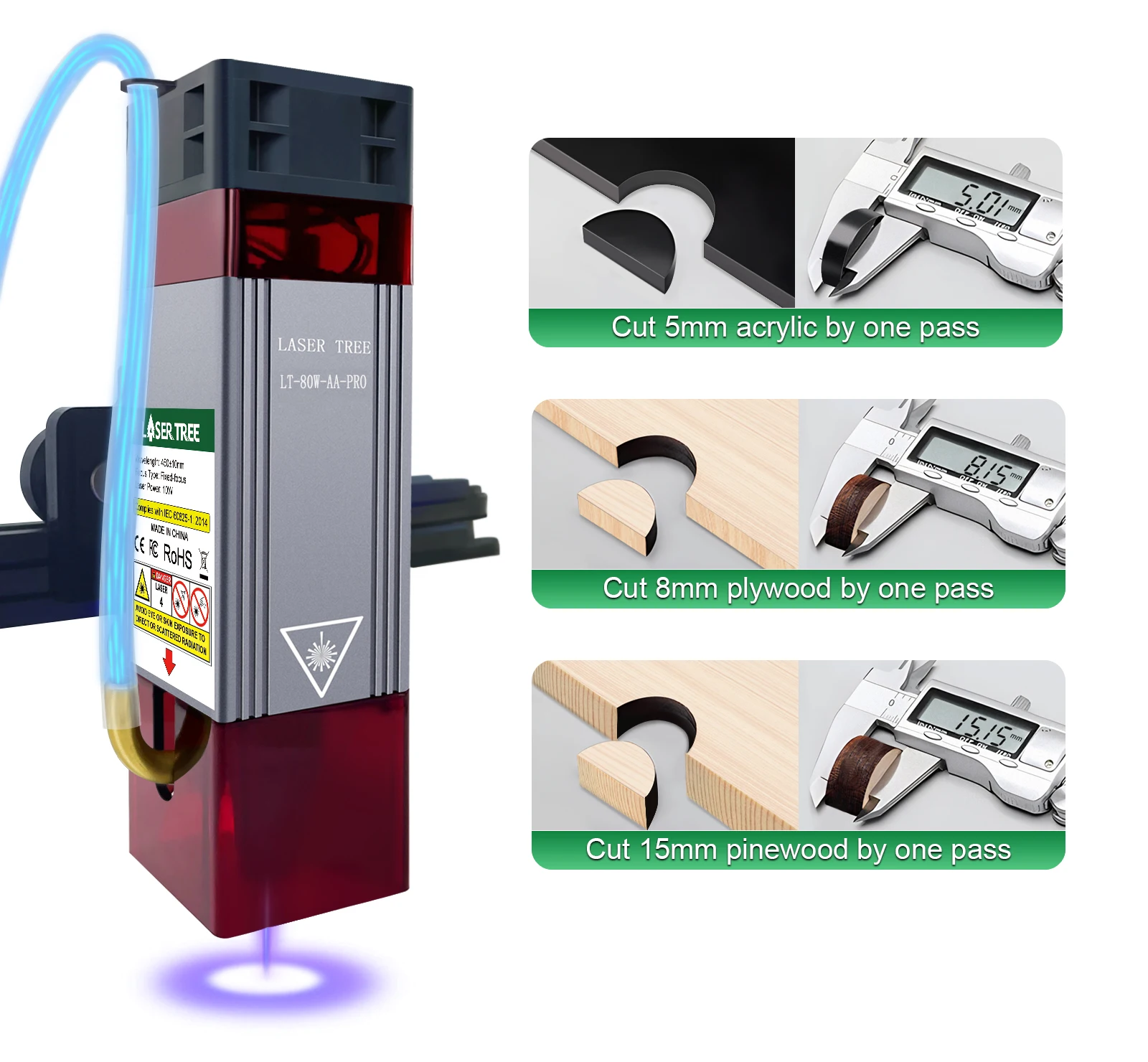 LASER TREE 80W Laser Module with Air Assist 20W 40W Laser Head 450nm Blue Light TTL Smarter Tool for Laser Engraver Wood Cutting