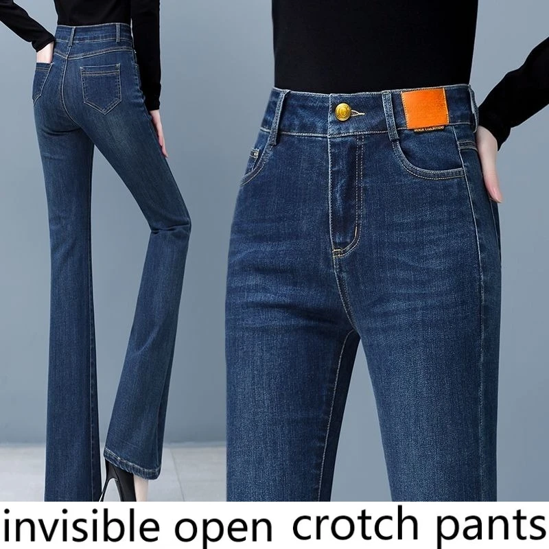 Invisible Zipper Open-crotch Pants Jeans 2026 Autumn and Winter New High-waisted Thin Flared Pants Blue Jeans for Women