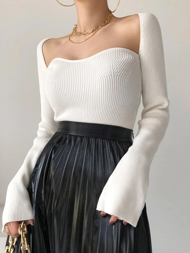 

Шикарный осенний длинный вязаный свитер Sve Slim Fit с квадратным воротником и обнаженной ключицей в полоску, женский модный свитер для поездок на работу, верблюжий...