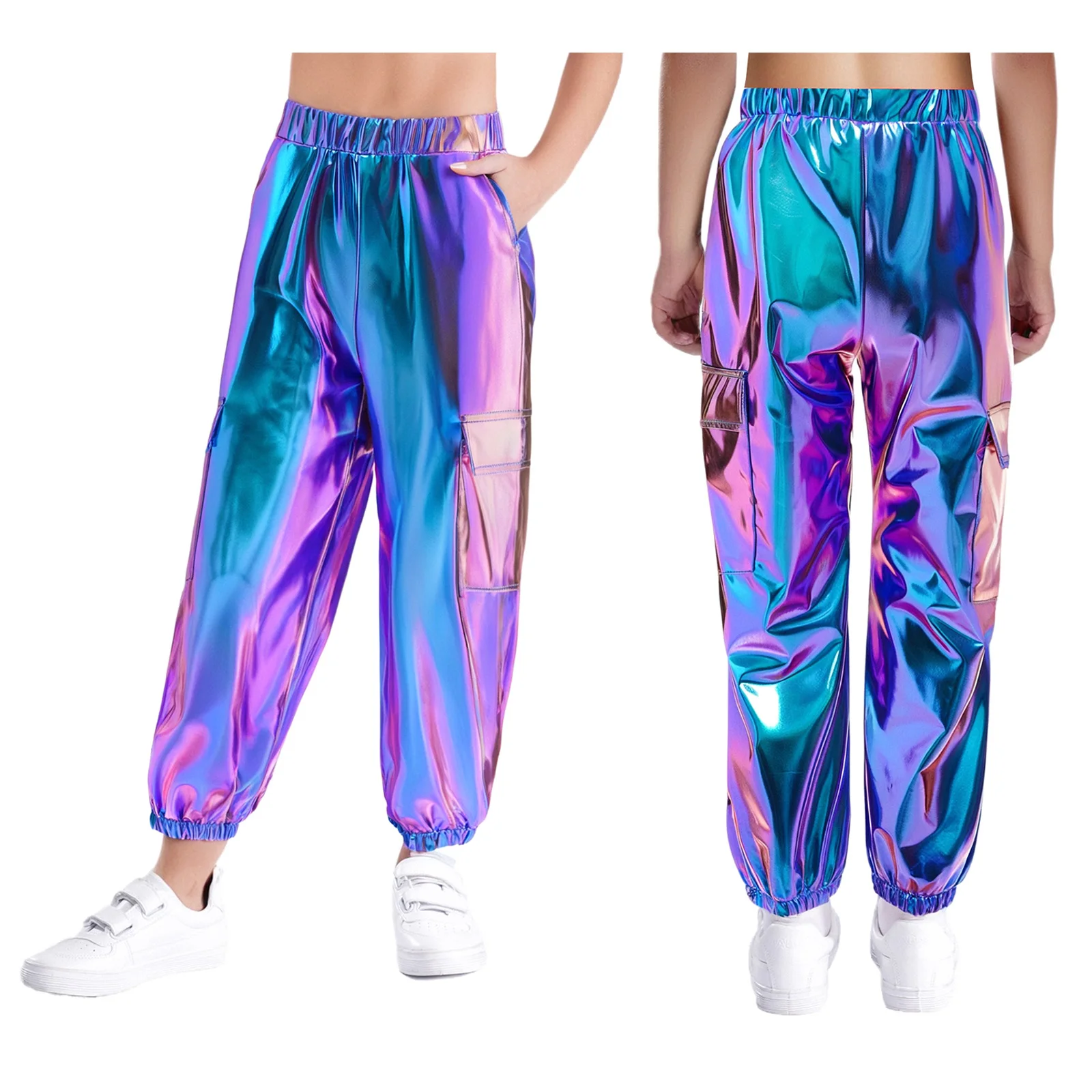 Boys Girls Metallic Shiny Pants Unisex Kids Elastic Waistband Trousers Carnival Party Hip-Hop Jazz Dance Costume Streetwear