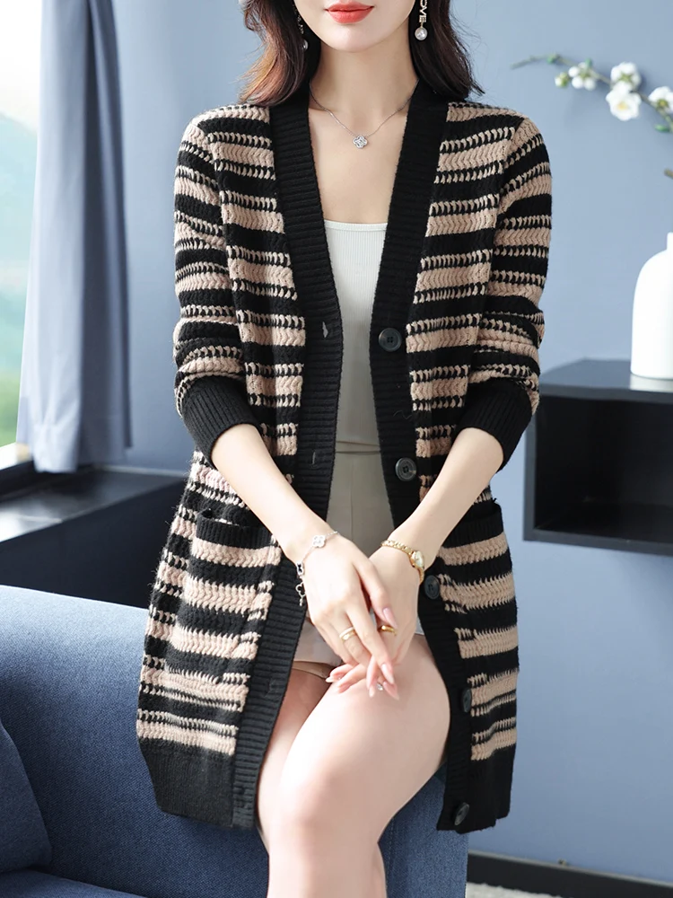 Stripe Cardigans Sweaters Women  Autumn Spring Long Sleeve Knitted Coat Harajuku Single-breasted Sweater Cardigan