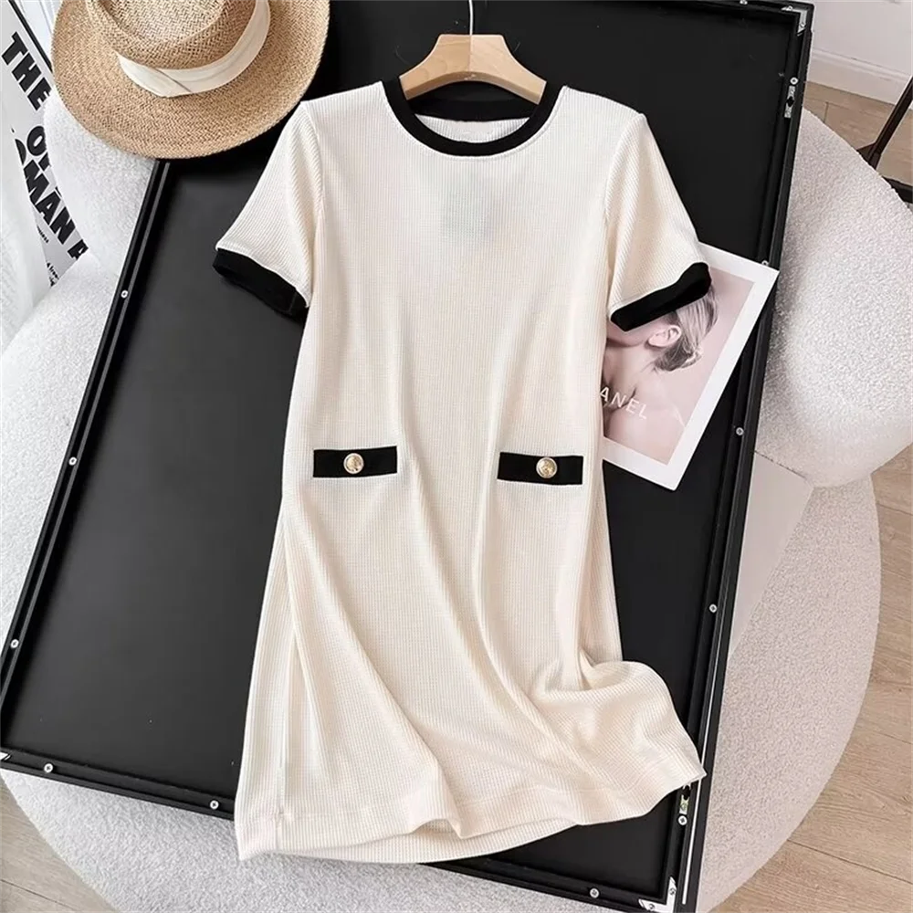 Cos Lris 2024 Summer Women\'s Clothing Small Fragrance Style Contrast Color Splicing Round Neck Dress Short Skirt