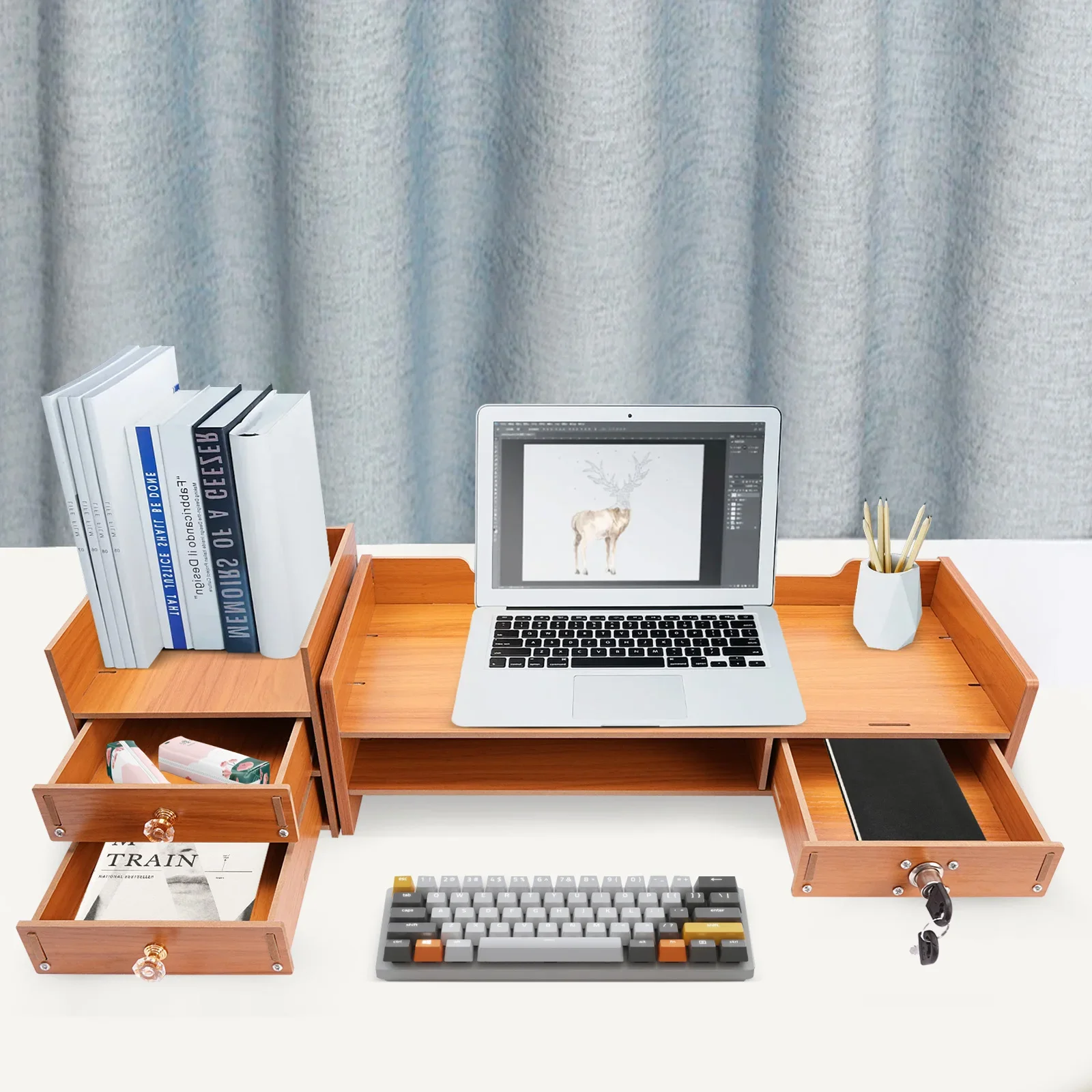

Tabletop Monitor Stand w/3 Drawers, Two top Platforms,Desk Organizer with Storage, Desktop Computer Stand for PC, Laptop, Printe