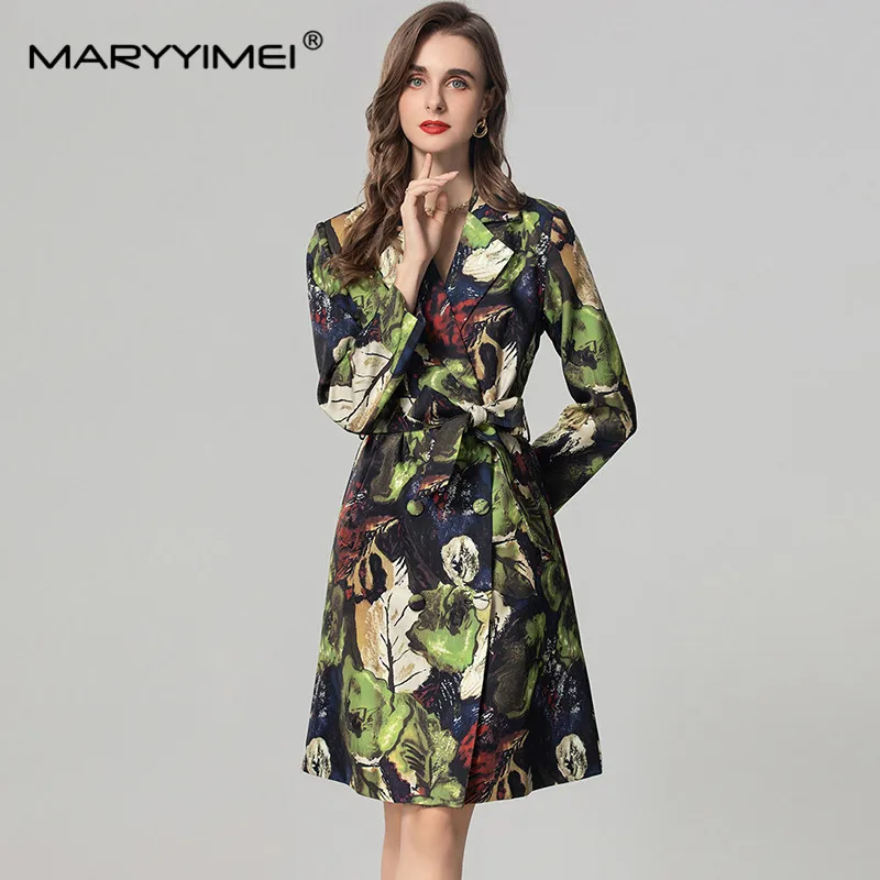 

MARYYIMEI Autumn and winter Women's Coat Notched Double-breasted Lace-Up Slim Print Casual Holiday Long-Sleeved Overcoat