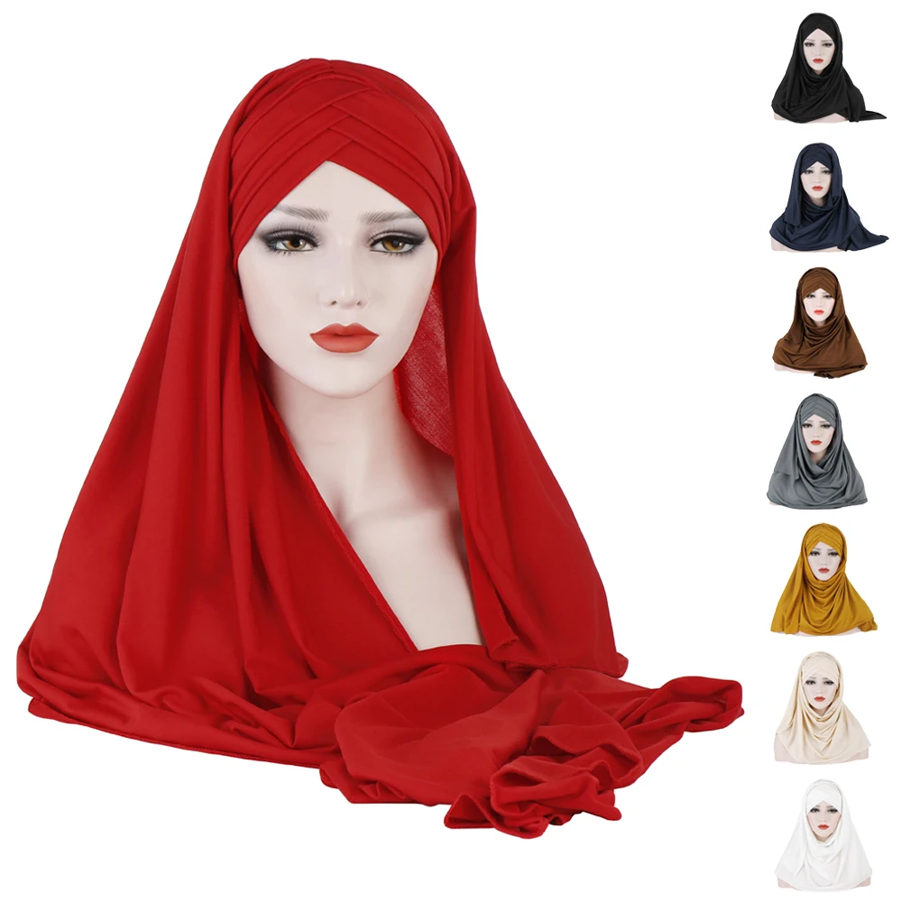 

Instant Hijabs Scarf with Cross Jersey Caps Bonnet Brand Design Muslim Scarf Women Islamic Underscarf Turban Vile Shawl Wrap