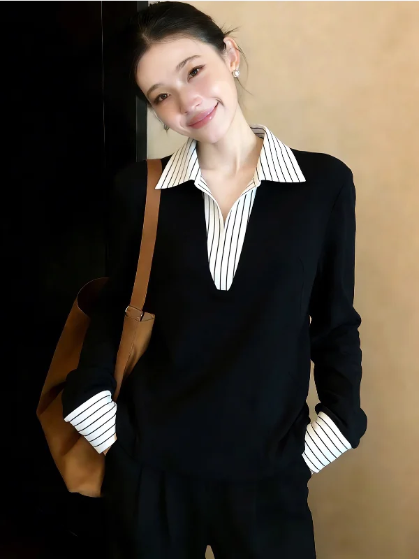 

Faionable Color Blo irt Women's Slimming Top Korean Sle Straight Cut Long Sve Striped Pattern Casual Office Wear